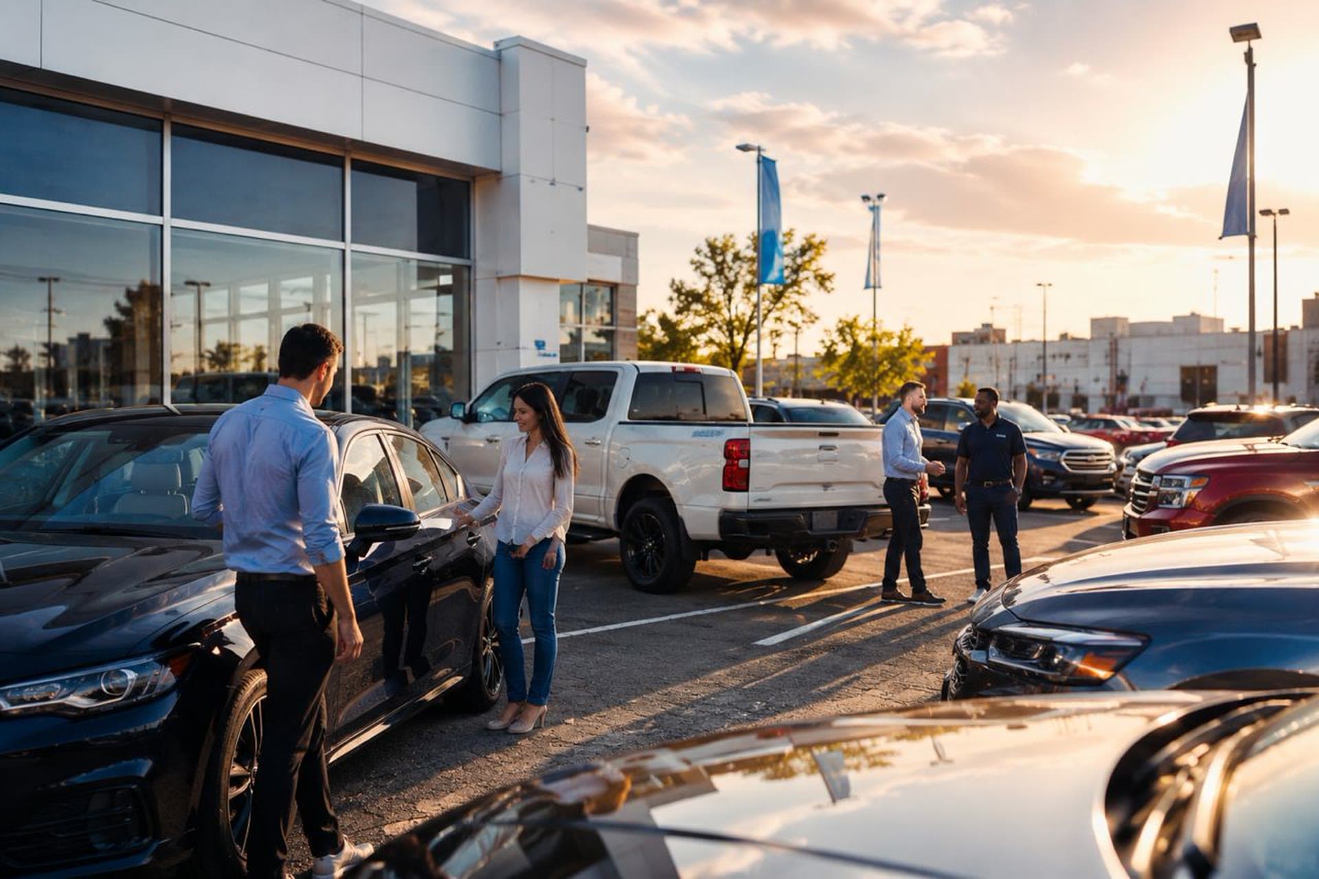 Customers meeting sales staff on the lot at sunset